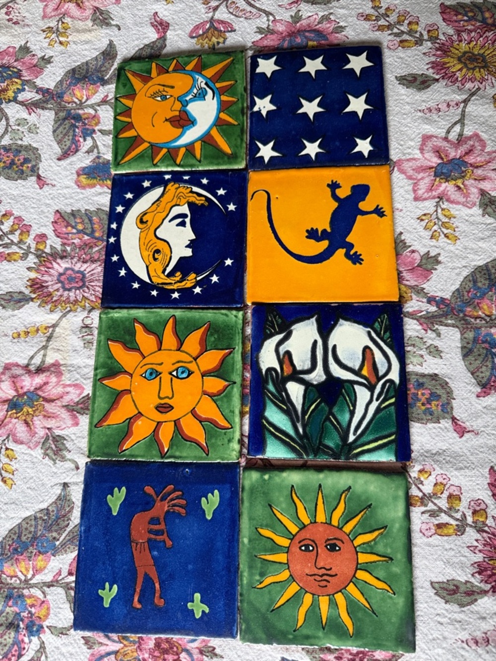 8 Mexican handpainted tiles 4x4” talavera celestial sun moon star gecko lily